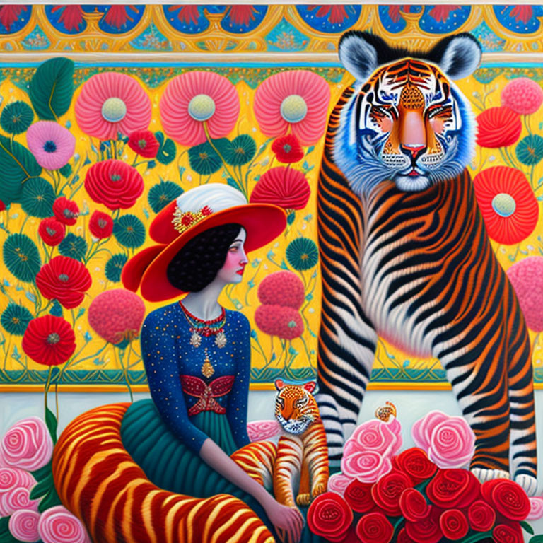 Woman in stylish hat and dress with tigers in vibrant floral setting