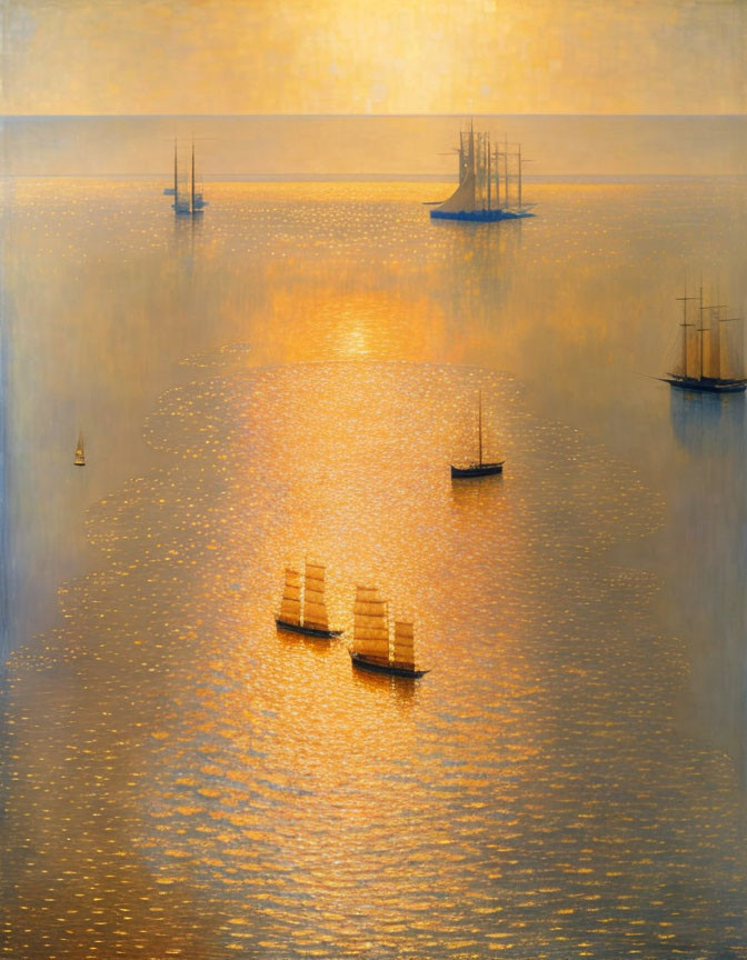 Shimmering golden sea with sailboats under sunlit sky