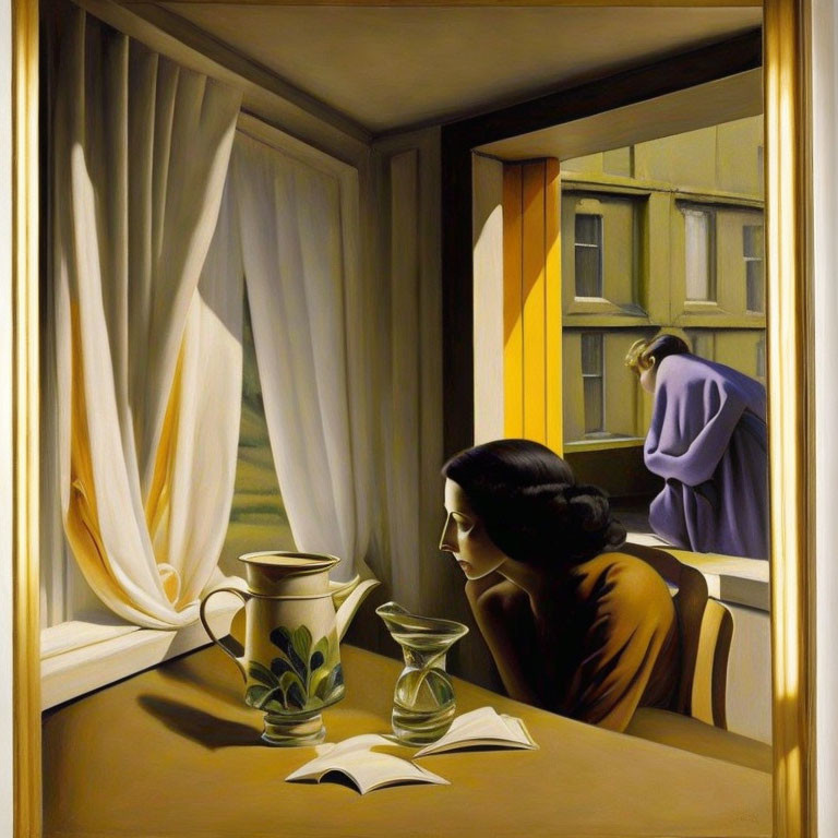 Woman with book, pitcher, and glass by open window, another figure on balcony