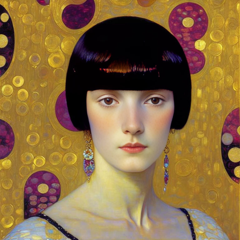 Portrait of woman with bob haircut and ornate earrings on gold patterned background