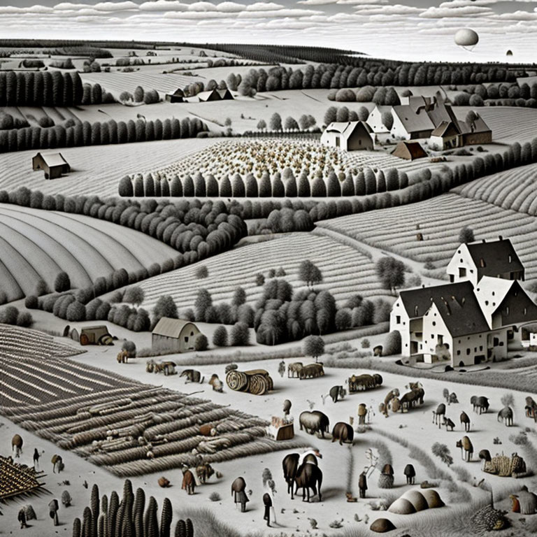 Rural landscape with patterned fields, farm animals, houses, trees, people, and moon.