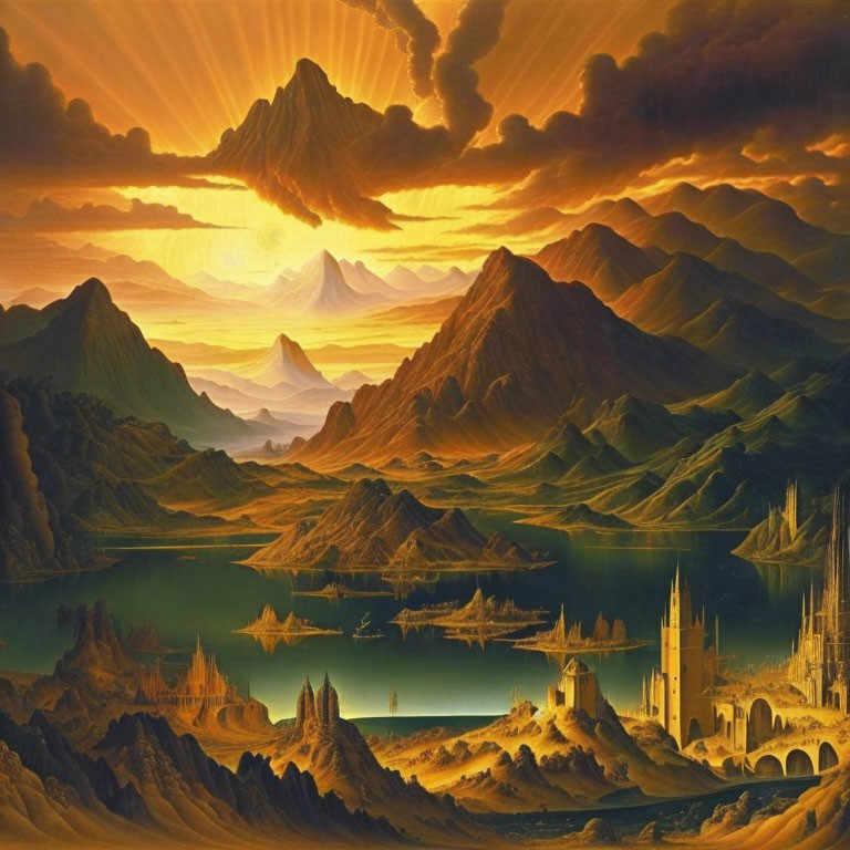 Fantastical sunset landscape with mountains, lakes, castles, and golden clouds