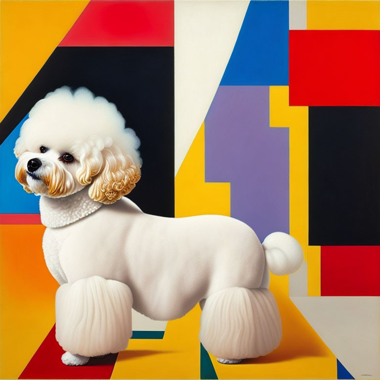 Stylish white poodle against colorful geometric backdrop