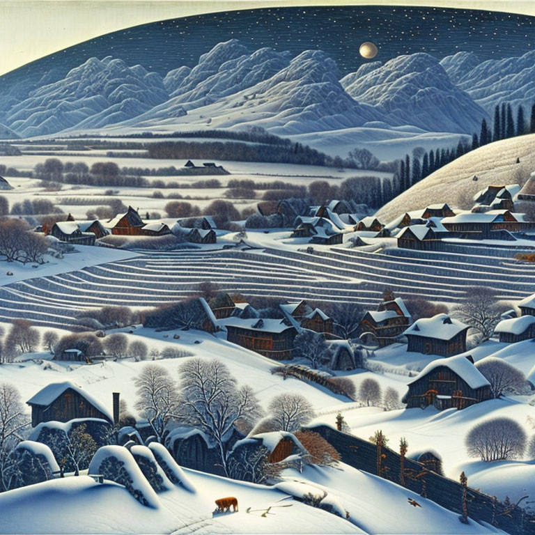 Snow-covered village with moonlit sky & rolling hills