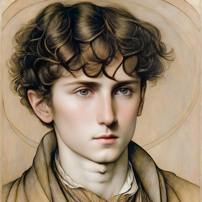 Digital artwork: Young person with curly brown hair, fair skin, blue eyes, in neutral-toned