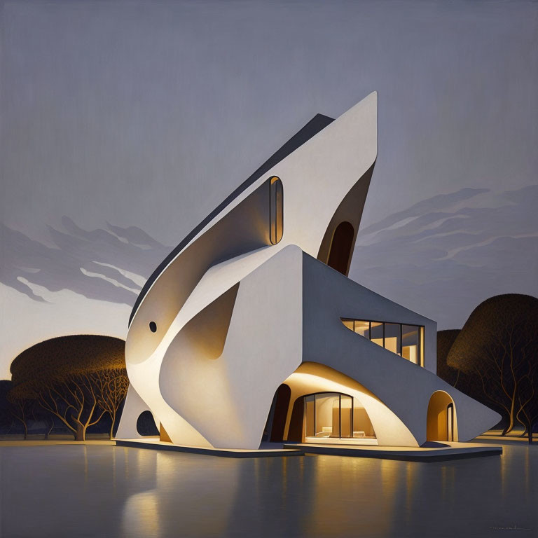 Curved modern architecture design with large windows in tranquil twilight landscape