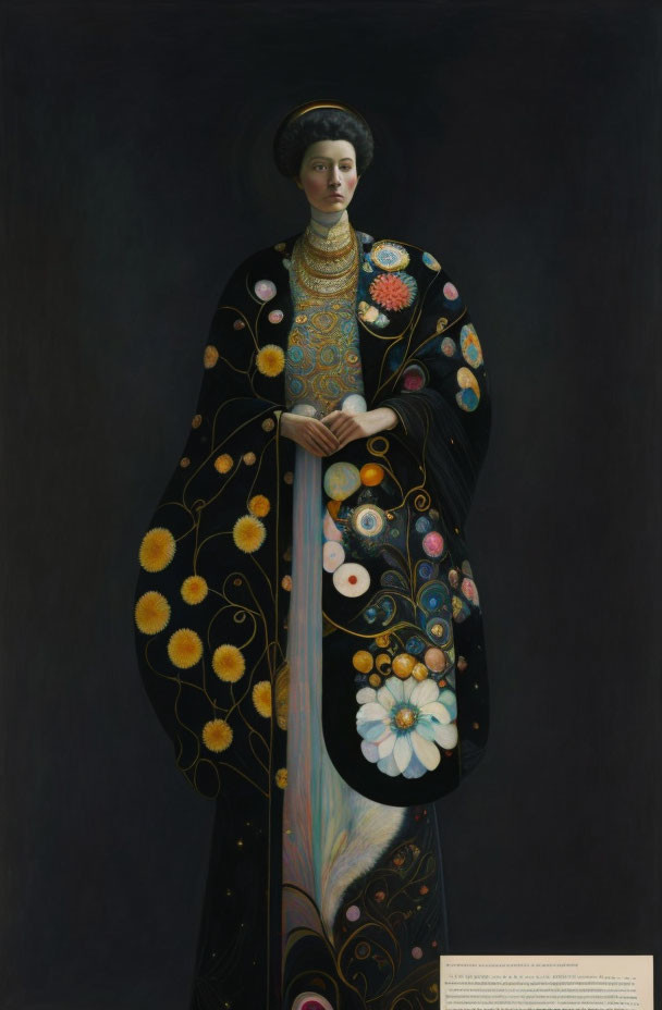 Ornate black cloak with floral pattern on solemn figure