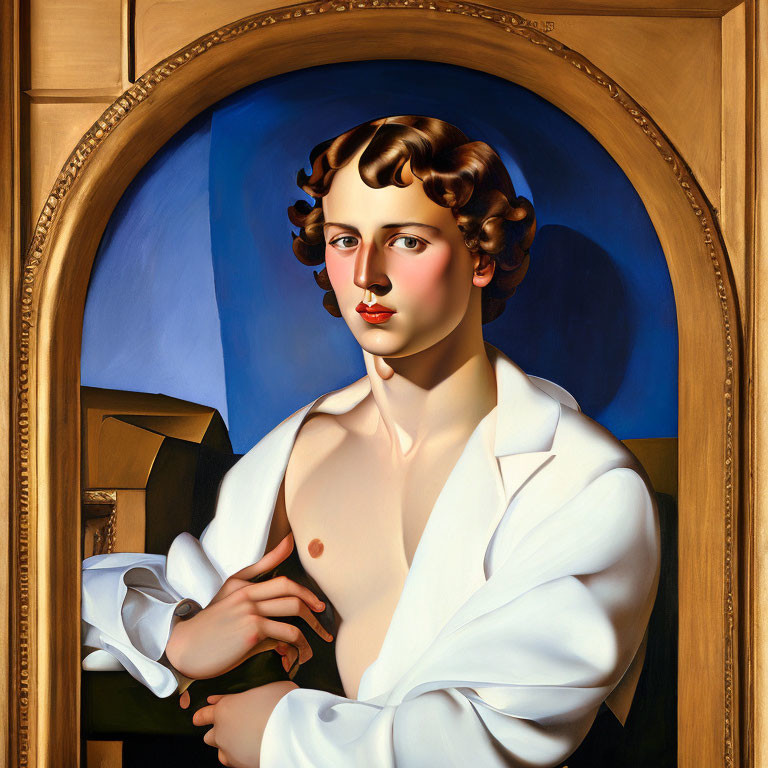 Stylized portrait of person with curly hair and red lips against blue background framed by wooden arch