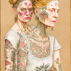 Two women with elaborate tattoos and vibrant floral makeup in sheer white fabric.