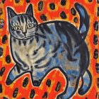 Colorful Striped Cat Painting on Vibrant Orange Background