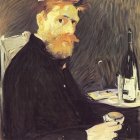 Bearded gentleman in dark suit with wine glass, meal, candles, and cigarette.