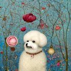 Fluffy white dog with necklace holding mirror in whimsical scene