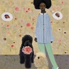 Woman with Afro Hair and Dog Surrounded by Floral Patterns