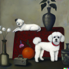 White Dogs Painting on Burgundy Furniture with Vase, Fan, Bird