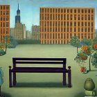 Exaggerated perspective urban park scene with topiary trees, bench, and solitary figure