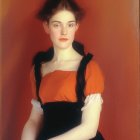 Vintage young woman painting in orange and black dress on reddish background