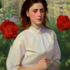 Young woman in white Victorian dress with red roses, pale skin and rosy cheeks