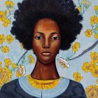 Portrait of Woman with Afro Surrounded by Yellow Flowers on Blue Background