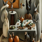 Surreal painting of anthropomorphic figures in ceremonial setting with bull and eclectic objects