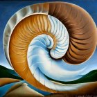 Surreal painting of seashell with wave under starry sky