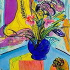 Colorful Flower Painting in Blue Vase with Yellow Background