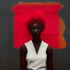 Person in orange headwrap and sunglasses against red wall.