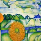 Colorful landscape painting with rolling hills, trees, church spire, houses, and sunflowers.