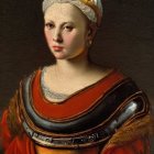 Portrait of Woman in Historical Armor with White Turban and Feathered Headdress