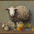 Sheep surrounded by colorful flowers in vases on neutral backdrop