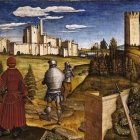 Medieval armored soldiers, archers, bridge, and city in artwork.