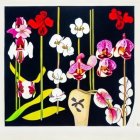 Colorful Orchids Painting in White Vase on Black Background