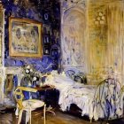 Impressionist painting of elegant room with tea set, flowers, gilded chairs