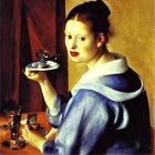 Portrait of woman in blue dress with golden bowl by window sill