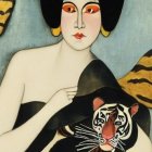 Art Deco Style Illustration of Pale Woman with Tigers on Blue Background