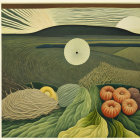 Sunflower field painting with hat, fruits, and wavy sky