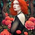 Vibrant red hair woman portrait with flowers and bird in rich colors