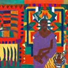 Colorful painting with woman, tigers, and vibrant patterns