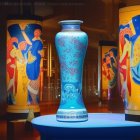 Blue floral vase, amber bottle, red apple, golden spoon on table with abstract backdrop