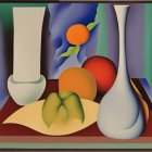 White vases, colorful fruits, draped cloth, geometric backdrop