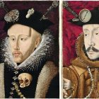 Detailed portraits of men in regal attire with intricate jewelry and decorations, one with a skull.