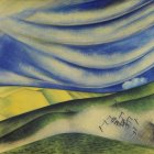 Stylized landscape painting with rolling hills and patterned clouds