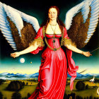 Angelic figure with wide wings in red dress with blue and gold details against landscape.