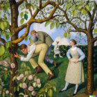 Three People Gathering Fruits in Lush Orchard