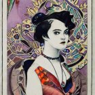 Art Nouveau Style Portrait Featuring Woman and Decorative Circular Patterns