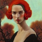 Surreal portrait of a woman with red flower-like hair and striking makeup