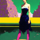 Stylized painting of woman in black dress with cane in abstract landscape