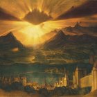 Fantastical sunset landscape with mountains, lakes, castles, and golden clouds