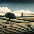 Surreal landscape with plowed fields, full moon, stars, rolling hills, and unique trees