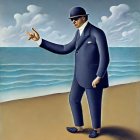 Man in blue suit with bowler hat and feather duster on surreal beach with oversized seashells