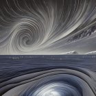 Surreal painting of swirling night sky over snow-covered landscape